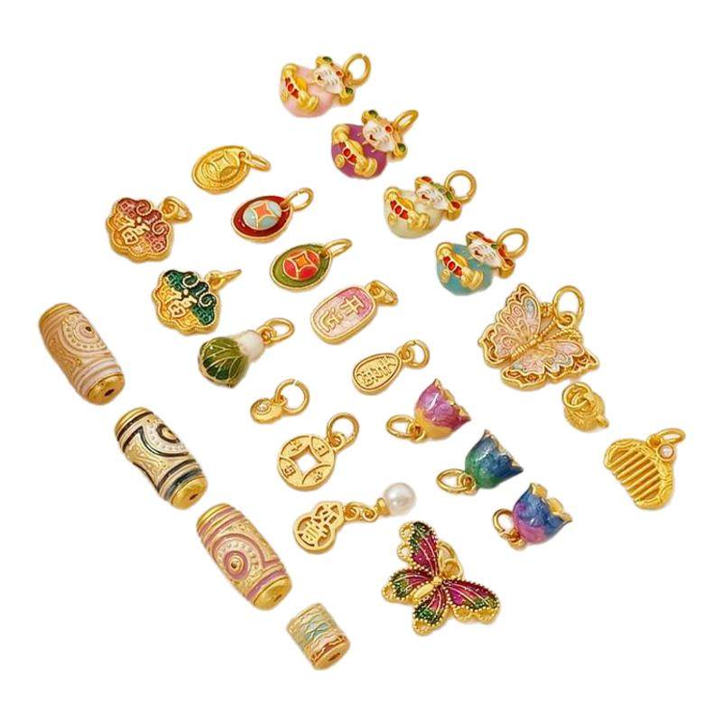 沙金18K保色滴油财神爷花苞元宝白菜祥云福牌吊坠手工DIY手链挂坠