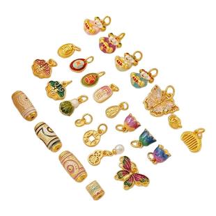 沙金18K保色滴油财神爷花苞元宝白菜祥云福牌吊坠手工DIY手链挂坠