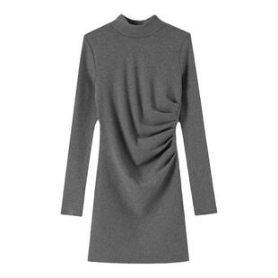 Basic House/百家好黑色半高领连衣裙女士2026春季新款包臀打底裙