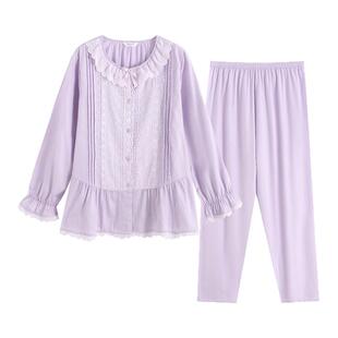 罗丝美2025新款秋季15261纯棉60支贡缎睡衣套装圆领全开襟家居服