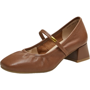 天美意复古粗跟玛丽珍皮鞋女浅口单鞋高跟鞋2025秋季新款BI283CQ5