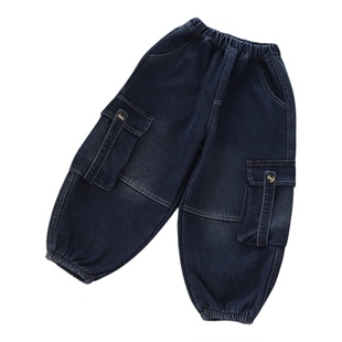 儿童加绒工装牛仔裤宝宝春秋冬一体绒男孩大口袋宽松休闲阔腿长裤