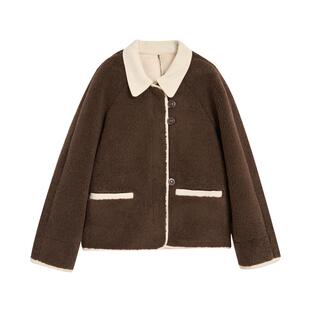 紫涵短款仿羊羔毛撞色翻领外套女2025年冬季新款复古宽松拉链上衣