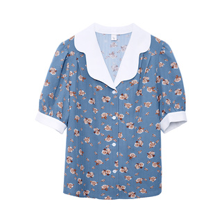 缤纷盛夏～复古港风花瓣大翻领碎花拼色夏季明媚感穿搭女衬衫