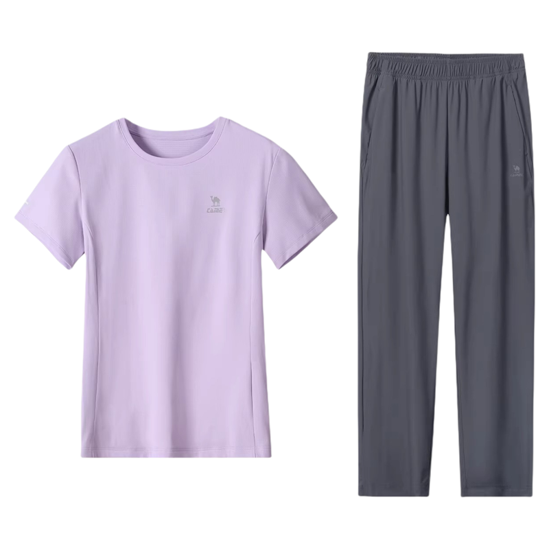 骆驼运动套装女2026夏季速干t恤短袖长裤户外跑步羽毛球两件套男