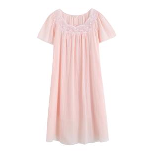 罗丝美春夏100%纯棉提花梭织布圆领蕾丝拼接套头短袖睡裙13022