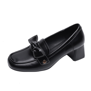 牛皮版~法式乐福鞋女款2025新款秋冬高跟34码粗跟英伦黑色小皮鞋