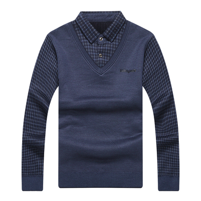 发财绒假两件羊毛衫翻领加绒毛衣