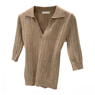 POLO领螺纹坑条套头针织衫女春秋夏五分中袖上衣修身显瘦简约气质