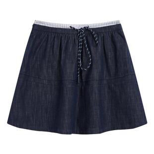 紫涵藏青条纹拼接牛仔a字短裙女秋季新款系绳松紧高腰藏青半身裙