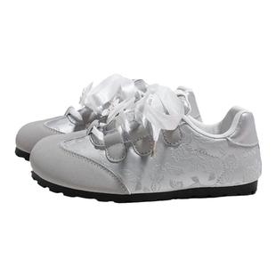 环球银色德训鞋女款2025新款秋季透气爆款平底鞋子蝴蝶结百搭女鞋