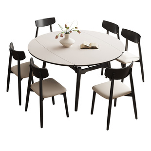 家用折叠岩板圆桌黑色极简美式复古伸缩实木圆形餐桌椅组合小户型