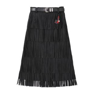 REVAN芮范樱桃系列酷感黑色流苏半身裙RM91506303