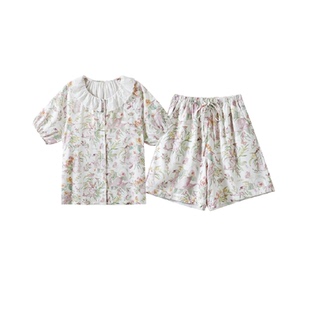 嫚熙春夏新款弹力丝麻棉女士睡衣女款短袖自带胸垫月子家居服