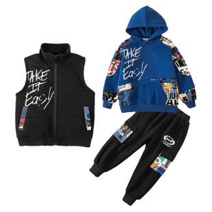 男童套装加绒新年卫衣红色冬装潮帅气时髦2026中大童加厚三件套潮