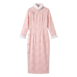 粉色冬款长袖加绒加厚旗袍2026新款年轻款新中式复古国风平时可穿