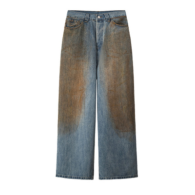 做旧泥染水洗牛仔阔腿长裤