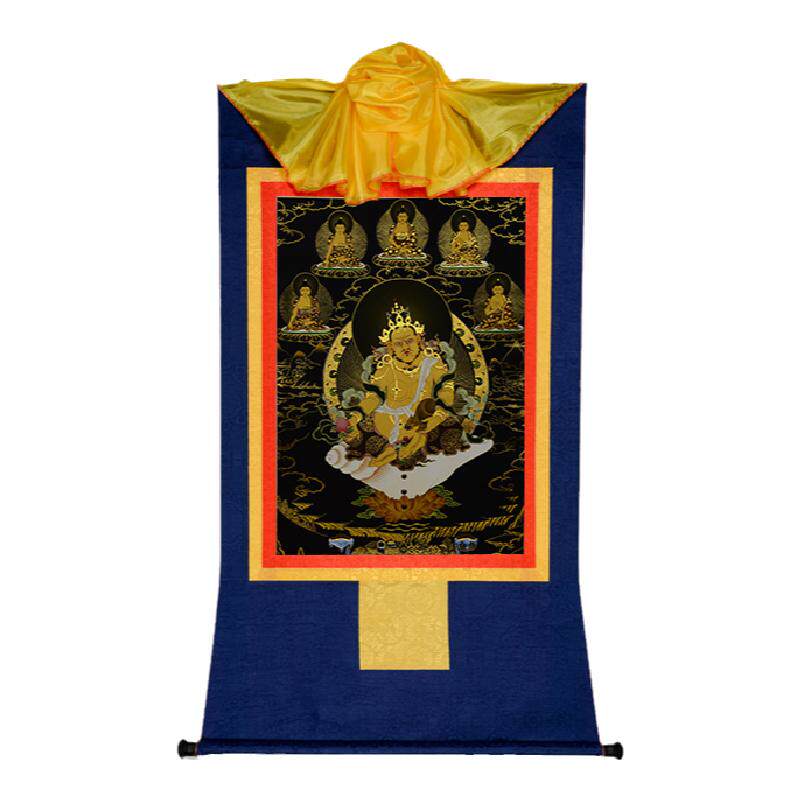 藏村黄财神黑卡唐卡五路财神唐卡