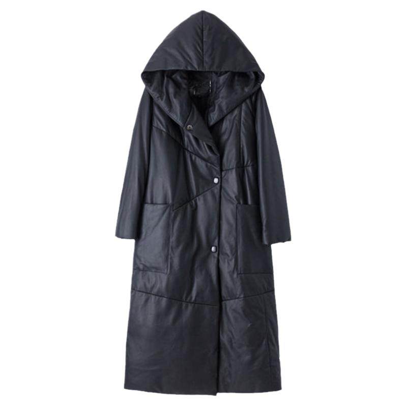 海宁头层绵羊皮长款真皮羽绒服外套女2025冬季新连帽休闲直筒皮衣