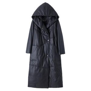 海宁头层绵羊皮真皮长款羽绒服外套女2023冬季新连帽休闲直筒皮衣