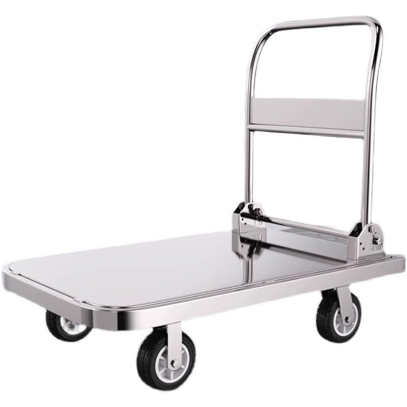 304不锈钢手推车平板车搬运拉货静音折叠小推车四轮海鲜水产拖车