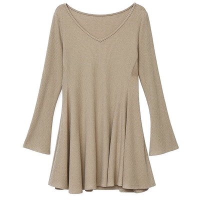 DM100大码百分百女装微胖mm冬季正肩喇叭袖仿羊绒针织打底连衣裙