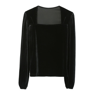 popchrio◆法式复古方v领黑色丝绒衬衫泡泡长袖修身显瘦内搭上衣