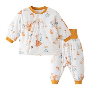 婴幼儿套装秋冬季夹棉分体睡衣服宝宝高腰护肚裤保暖加厚棉服冬装