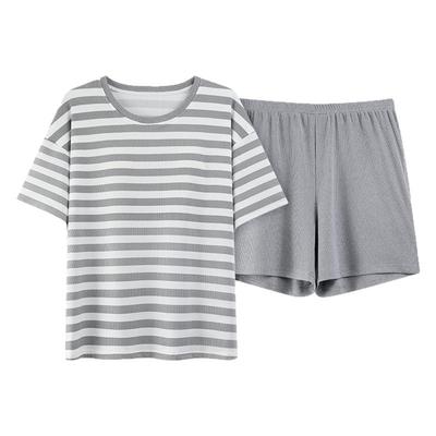 冰丝睡衣女款夏季带胸垫一体式短袖短裤休闲条纹薄款家居服可外穿