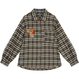 妖精的口袋复古贴布绣格子衬衫外套女2026年冬季新款宽松休闲衬衣