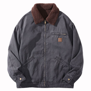 高端帅气加绒加厚牛仔外套男拉链款冬季羊羔绒宽松毛领夹克棉服潮