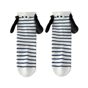 会牵手的袜子男女春秋款可爱趣味卡通搞怪百搭情侣磁吸牵手中筒袜