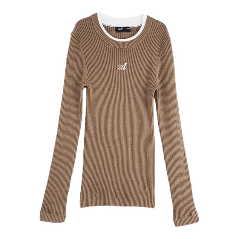 A21女装修身圆领假两件套头长袖毛衫新品紧身内搭针织休闲打底衫