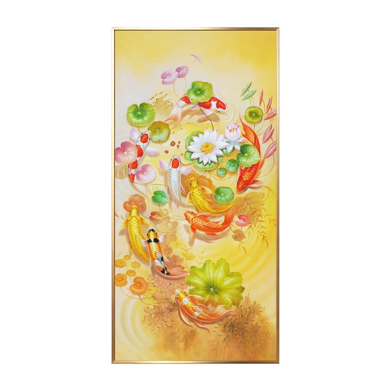 时来运转九鱼图手绘荷花油画锦鲤招财轻奢客厅玄关装饰画走廊壁画