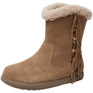 百田森加绒厚底雪地靴女款2025新款冬季保暖休闲靴真皮流苏勃肯靴