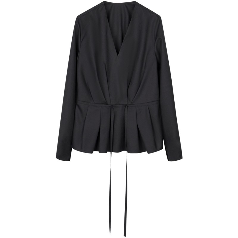 LESS春秋丝羊毛精纺衬衣女V领收腰打褶通勤长袖短款衬衫2O7212910