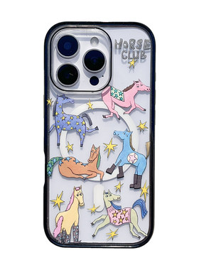 全新壳体适用苹果17全包相机键16promax手机壳15Pro彩虹马俱乐部iphone14透明13保护套学生原创马年插画