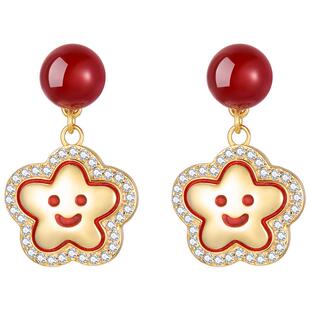 ZEGL小红花笑脸红色耳环女轻奢高级新年本命年耳饰红玛瑙可爱耳钉