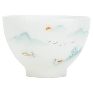 钰铨龙门 手绘水墨蓝彩如意杯 德化羊脂玉白瓷素烧主人杯品茗茶杯