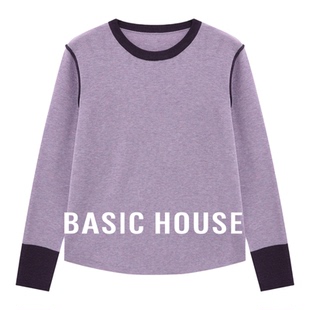 Basic House/百家好复古紫调撞色圆领针织衫女宽松显瘦百搭上衣