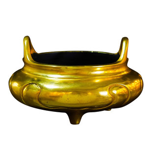 藏村全鎏金桥耳花边炉办公室茶室盘香炉光面铜雕檀香沉香熏香炉