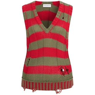 SHORT SENTENCE 短句24SS设计师款破洞撞色条纹V领针织马甲