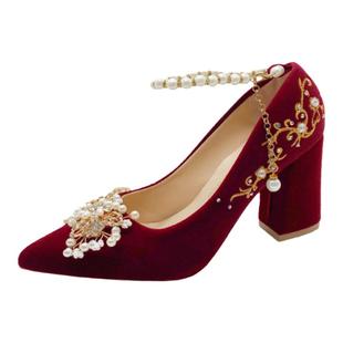 婚鞋女粗跟2025新款新娘鞋红色秀禾婚纱两穿不累脚中跟结婚高跟鞋