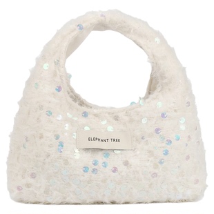 小众设计白色亮片小包包hobo水桶包帆布包遛弯上班杂物小拎包轻奢