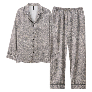 牧柔豹纹青少年男款休闲柔软冰丝开衫式纽扣宽松秋春季家居服套装