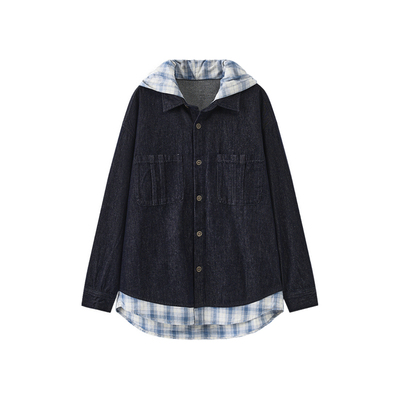 西町村屋格纹拼接牛仔外套女2026春新款时尚都市感上衣XHBA10140