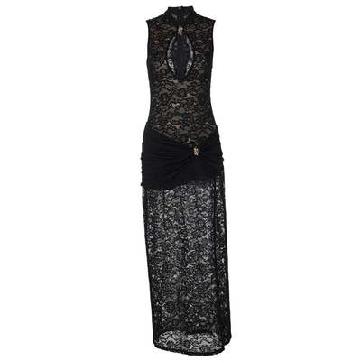 蕾丝网纱透视镂空低胸无袖连衣裙