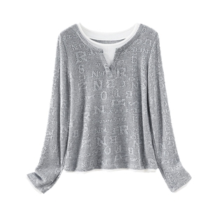 她池假两件打底衫2026春装新款女装时尚字母撞色拼接修身短款上衣