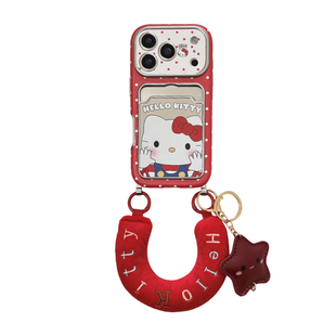 新年红色kitty猫卡包可插卡适用苹果17promax手机壳iphone17pro新款16pro大视窗镜面15手拎挂件14防摔保护套