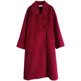 新中式插肩袖长外套胖仙女莹莹大码女装胖mm冬装红色盘扣毛呢大衣